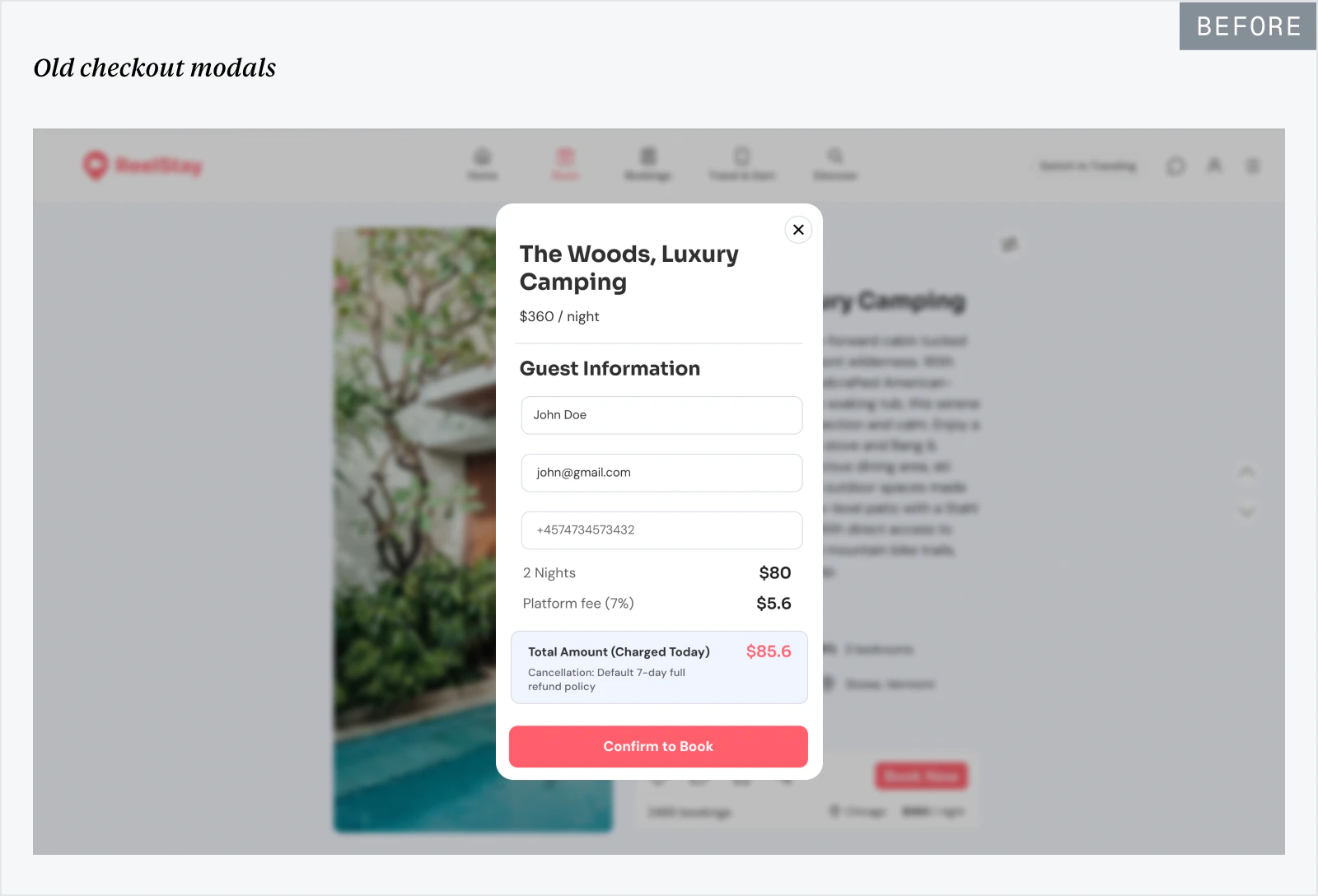 Old ReelStay checkout modals