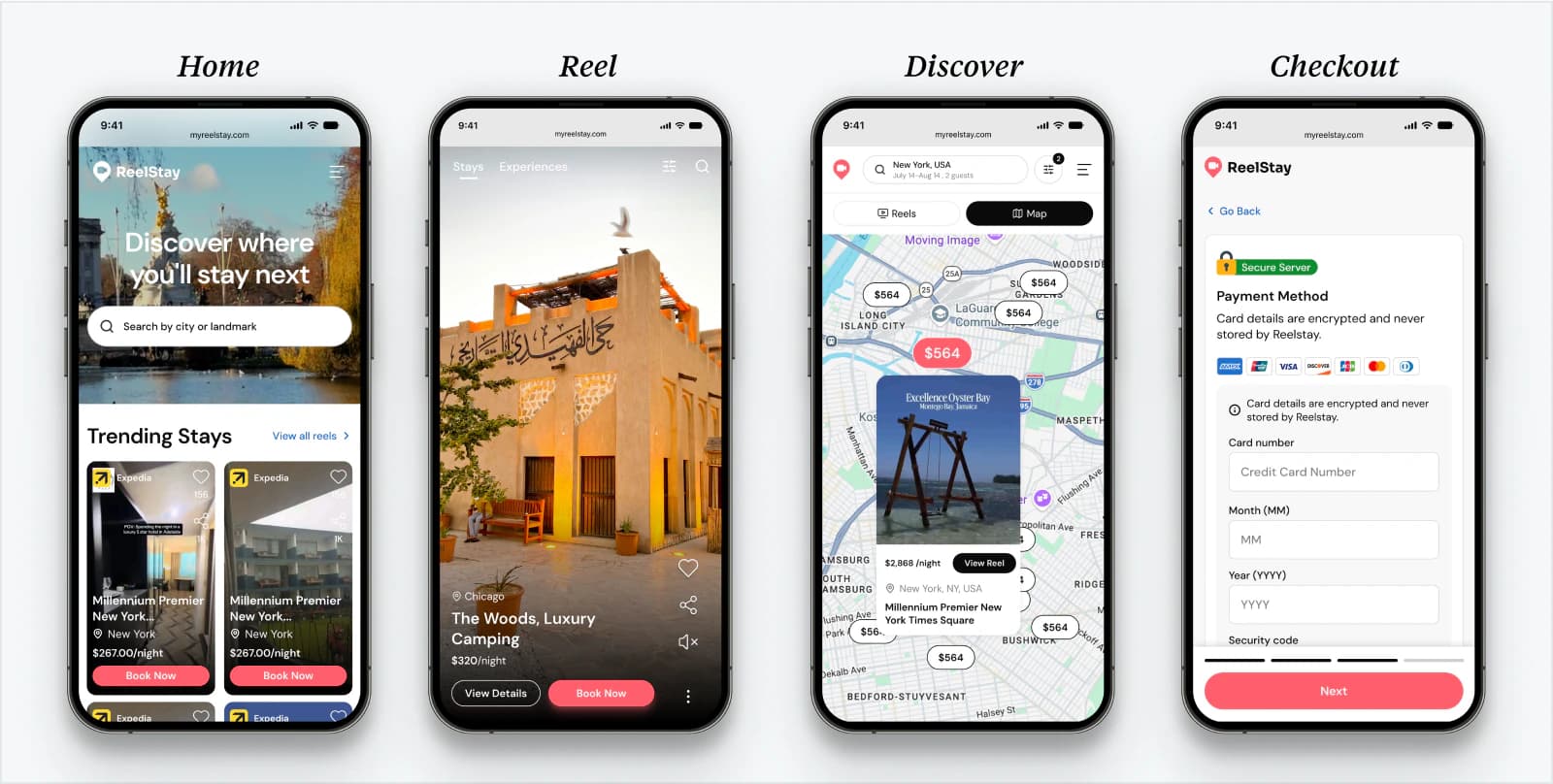 ReelStay mobile journey across home, reels, discover, and checkout
