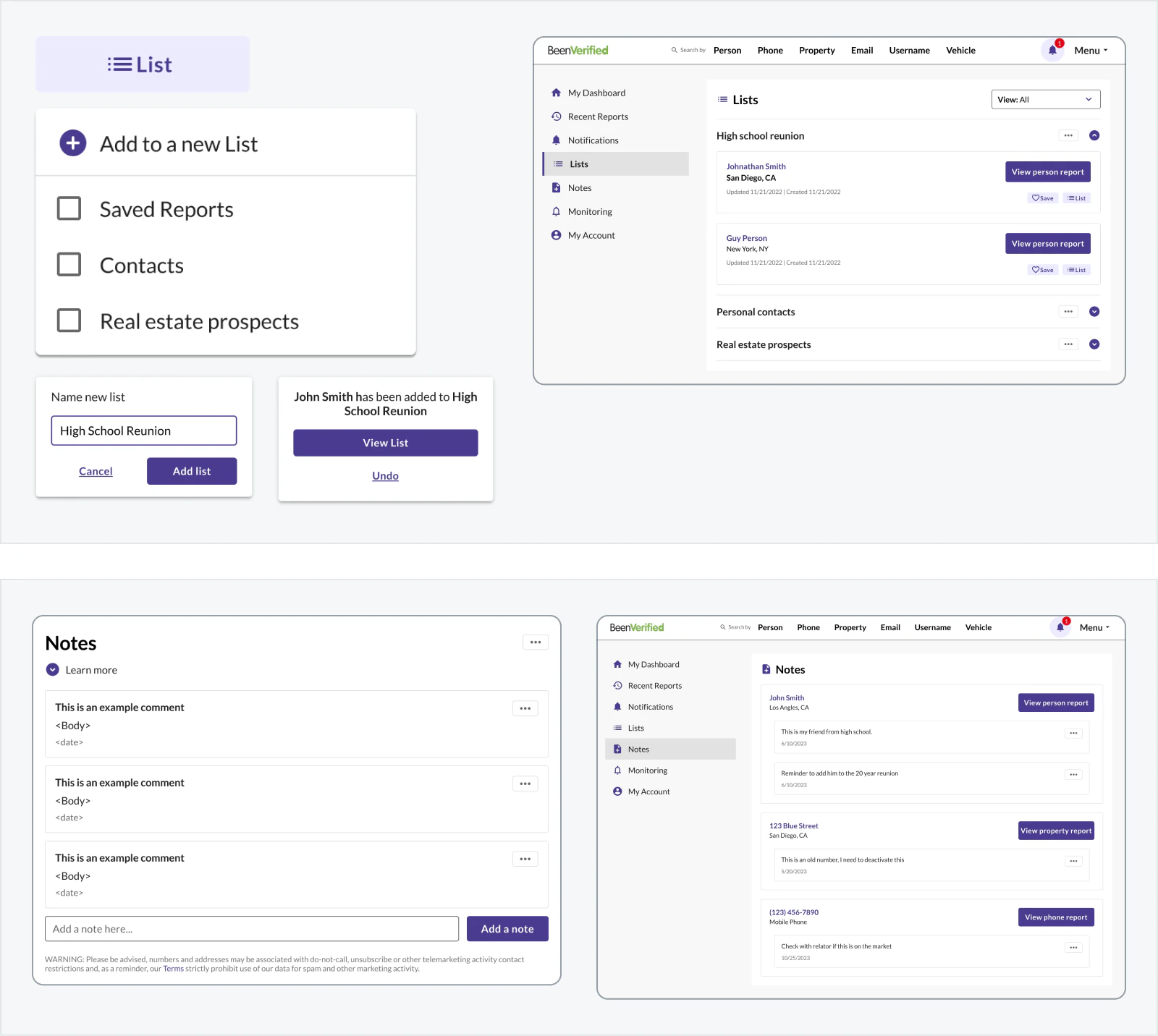 List and note-taking experiences in BeenVerified