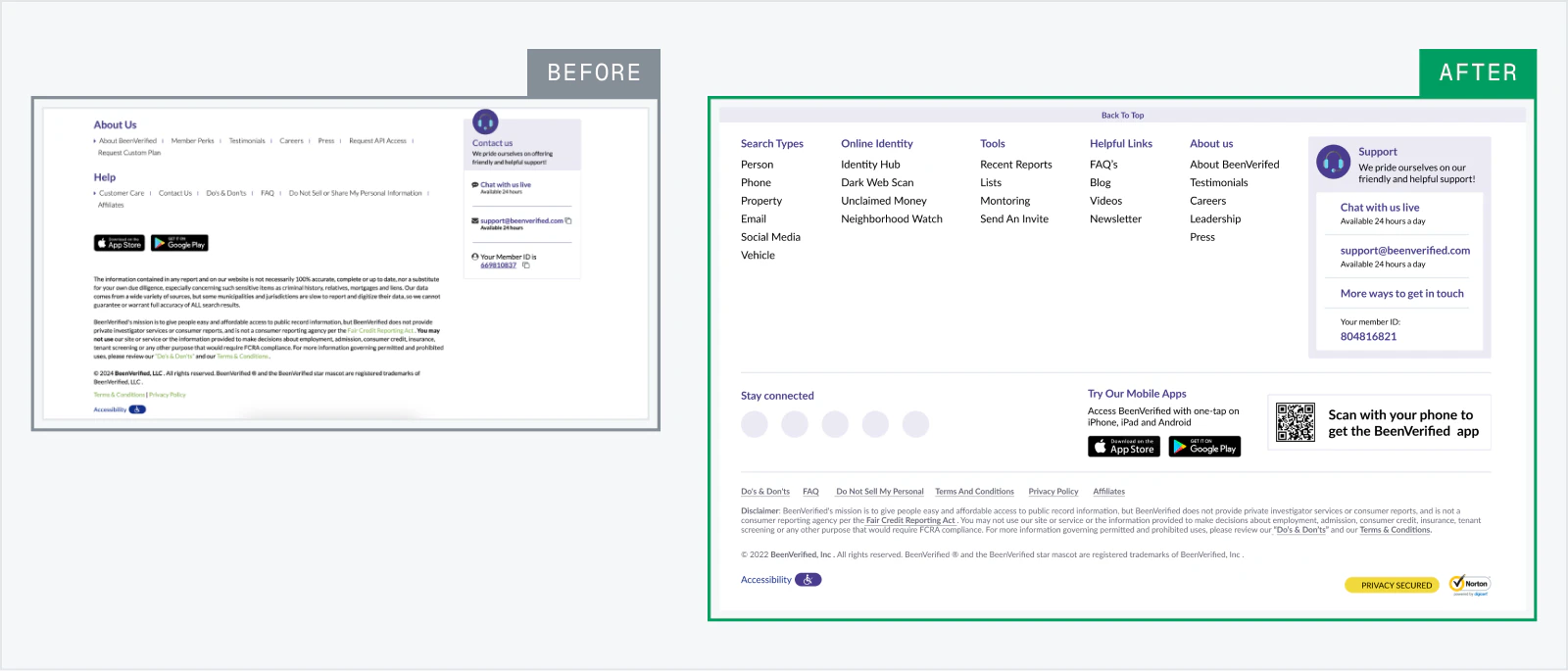 Dashboard footer before and after redesign