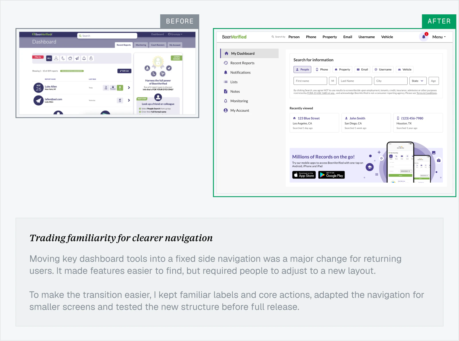 Dashboard navigation before and after redesign, with design tradeoff