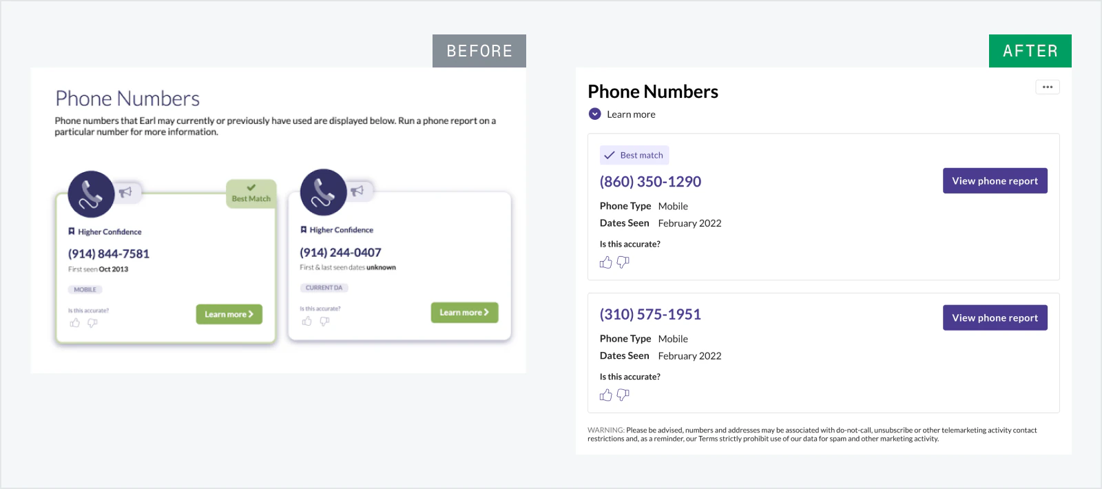 Phone number component before and after redesign
