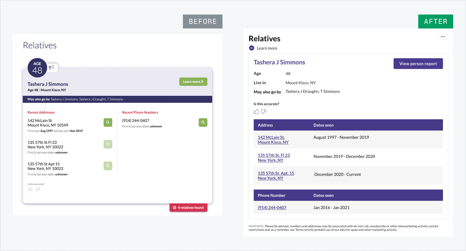 Possible relatives component before and after redesign