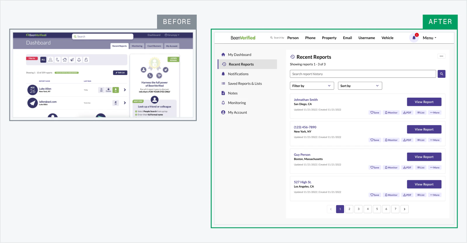 Recent reports before and after dashboard redesign