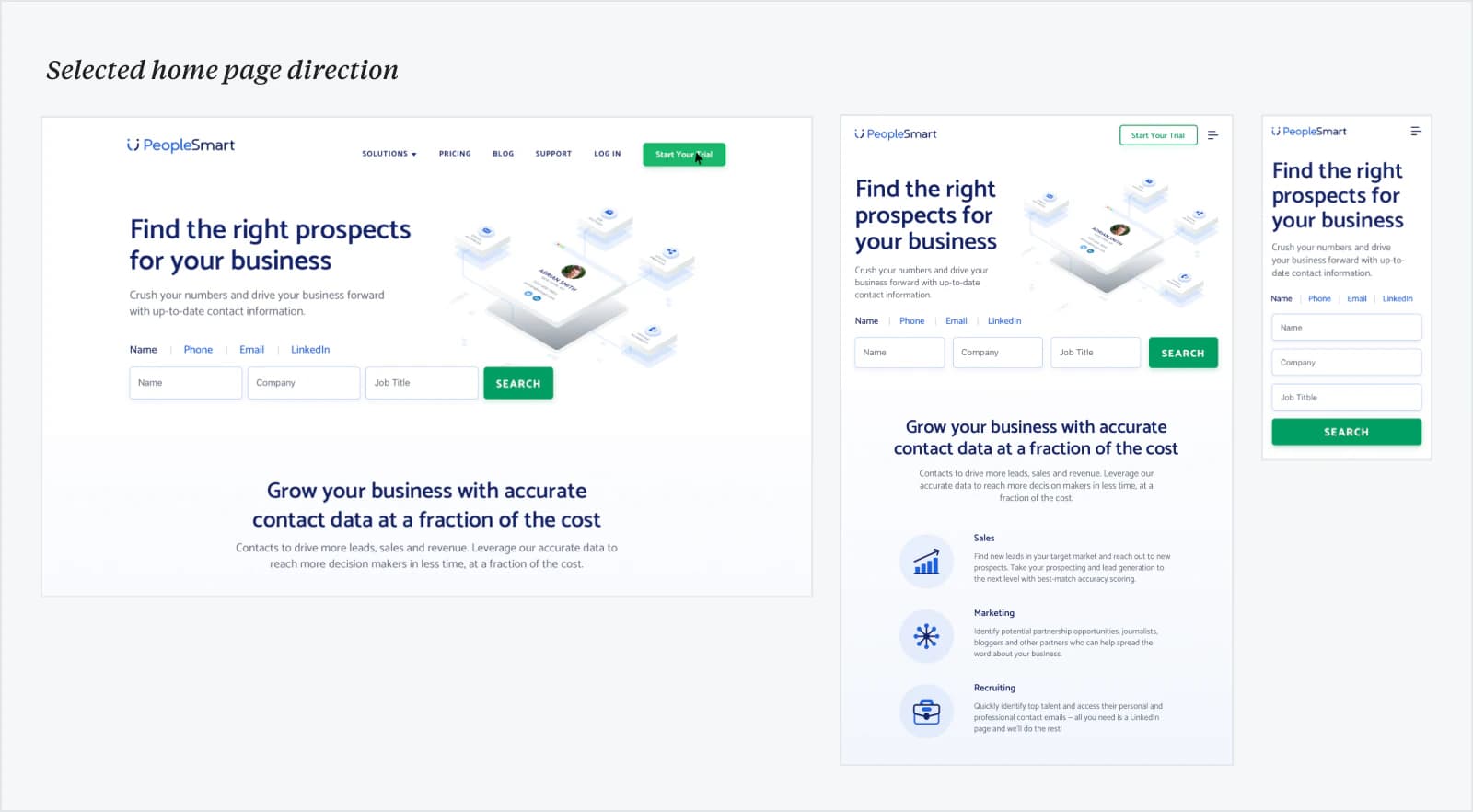 Selected PeopleSmart homepage direction across desktop, tablet, and mobile
