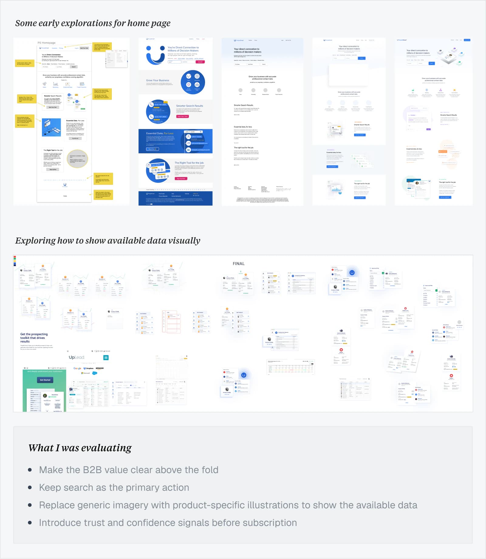 PeopleSmart homepage explorations, data illustrations, and evaluation criteria